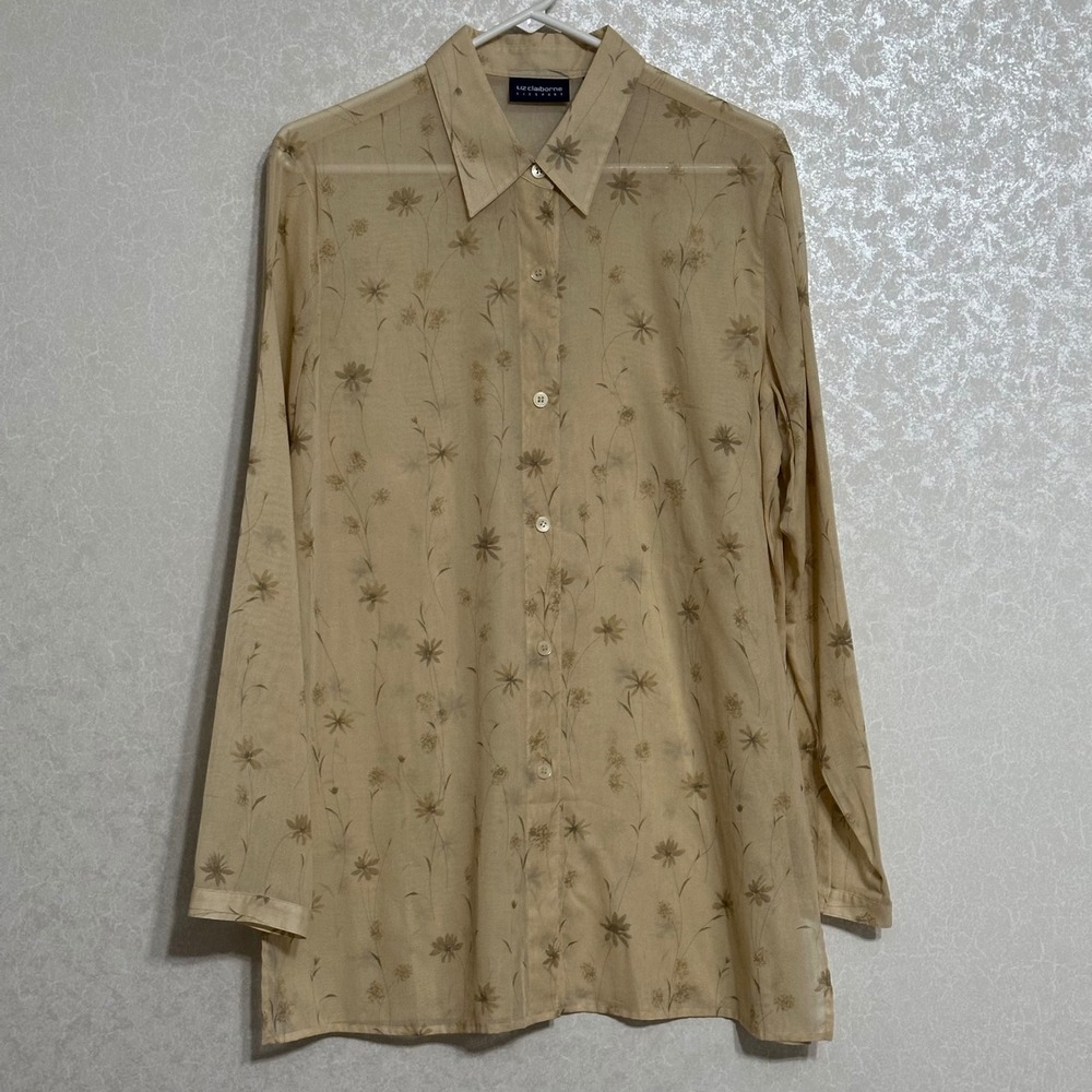 Liz Claiborne Lizsport Floral Blouse 100% Cotton Sheer Cottagecore Beige VTG L